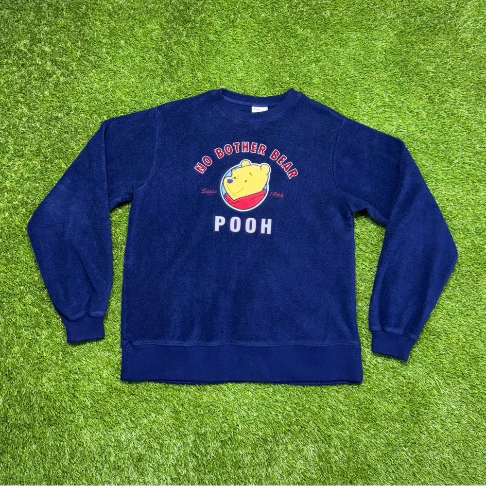 “No Bother Bear” Winnie The Pooh Fleece Crewneck Sweater Size Small Navy Blue - Picture 1 of 4